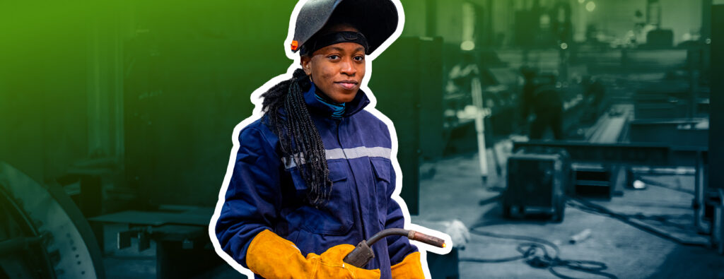 Image of a welding student with a colorful background