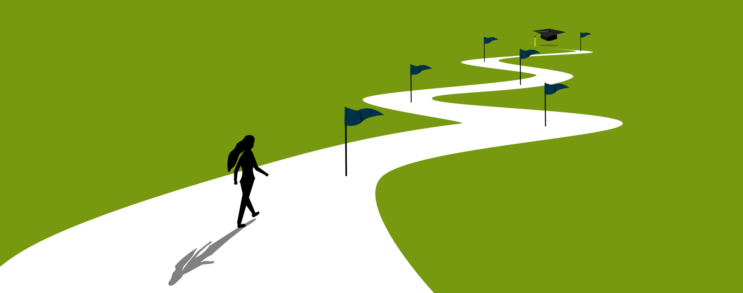 illustration of person walking down a winding path with flags along the way