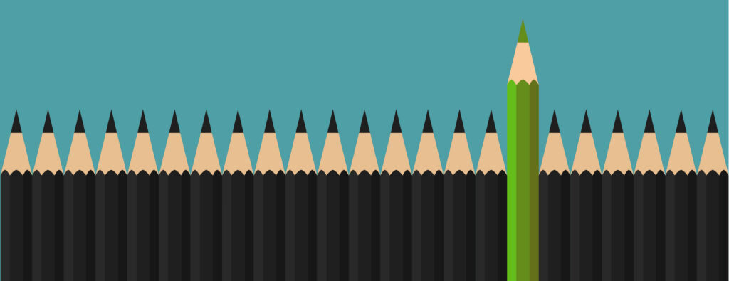 Illustration of several black pencils in a line with one green pencil sticking out above.