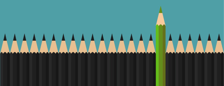 Illustration of several black pencils in a line with one green pencil sticking out above.