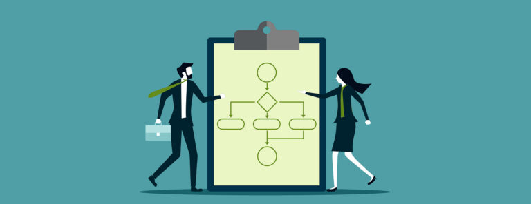 Illustration of two people in front of a large clipboard with a diagram on it.