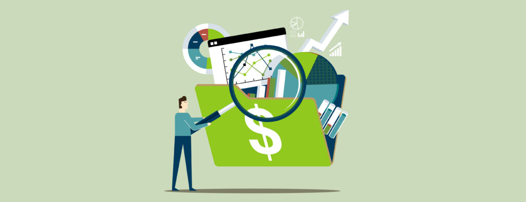 Illustration of person holding a giant magnifying glass over a folder filled with enrollment-related icons