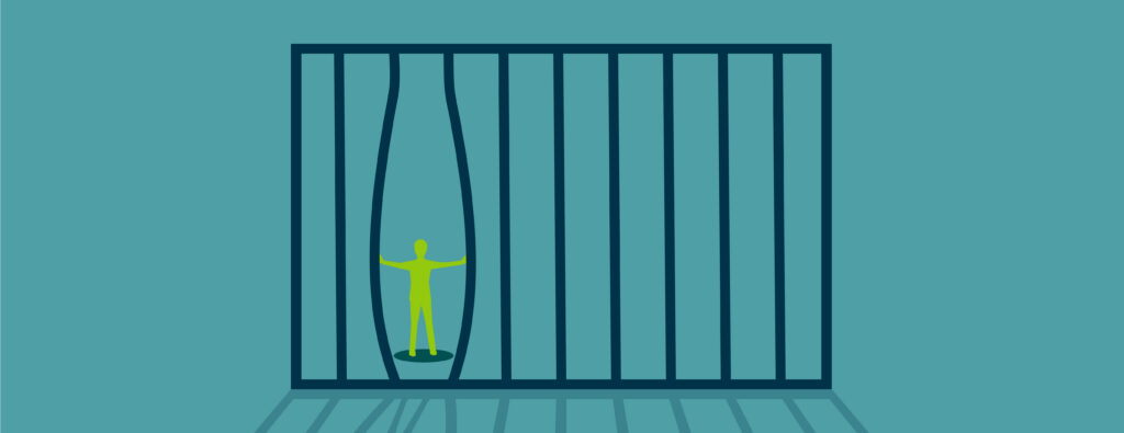 Illustration of a person bending the bars of a jail cell to be realeased.