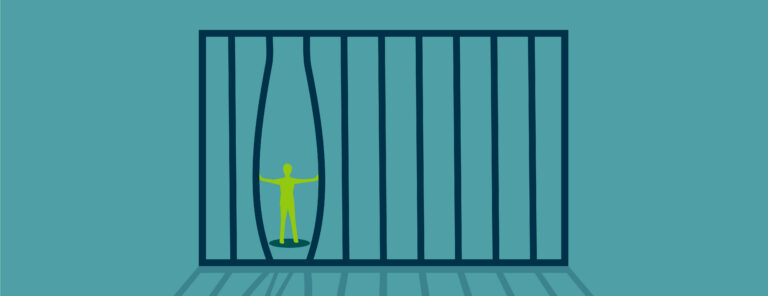 Illustration of a person bending the bars of a jail cell to be realeased.