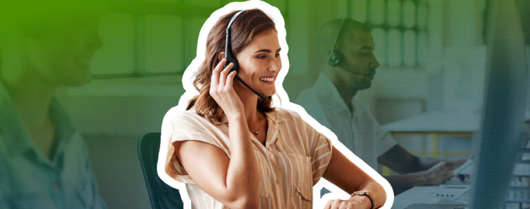Enrollment counselor speaking on headset to a student