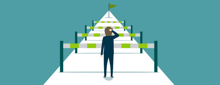 Illustration of a person staring at four hurdles between them and their destination