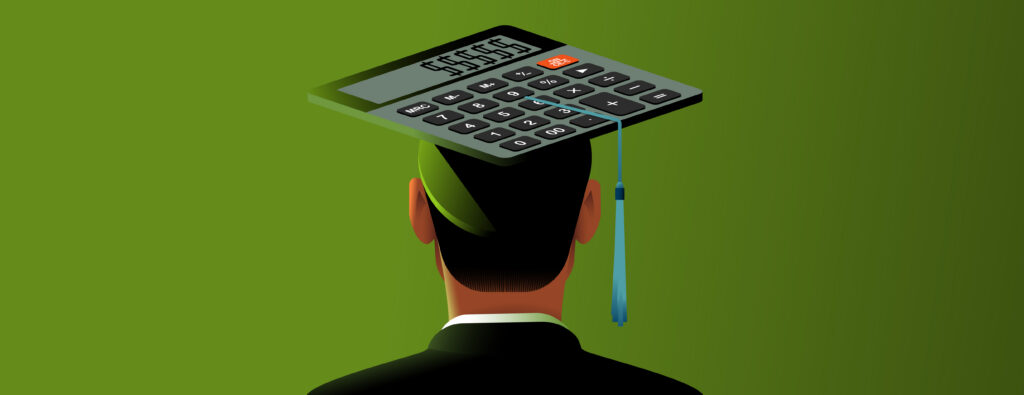 Illustration of the back of a graduate's head with a calculator on the grad cap