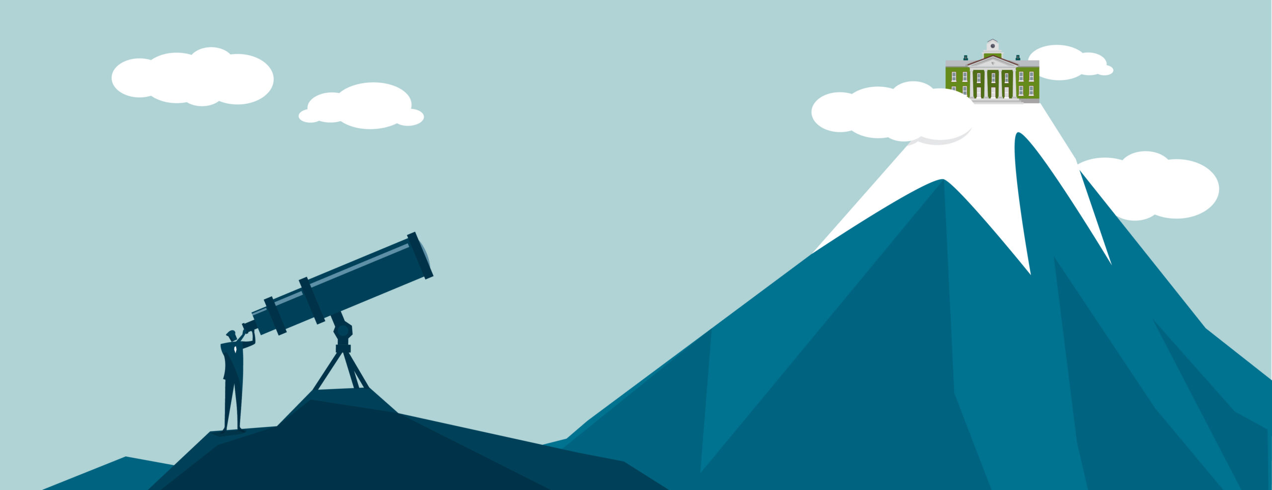 Illustration of person looking through telescope up at a college on top of a mountain
