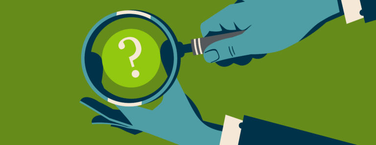 Illustration of two hands holding a magnifying glass with a question mark